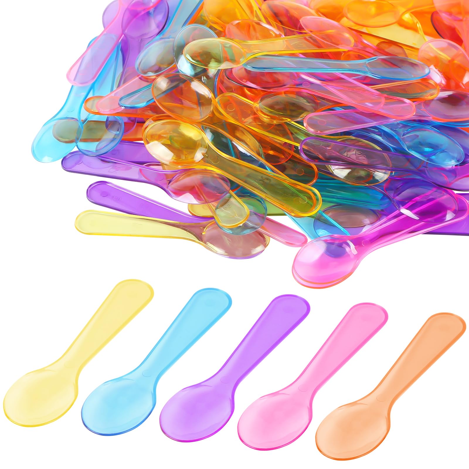 MIDELONG 100 PCS 3" Mini Tasting Spoons Multi-Color, Colored Disposables Small Taster Spoon, Clear Plastic Tiny Dessert Spoon Assorted Ice Cream Spoons for Crafts, Tasting, Sampling