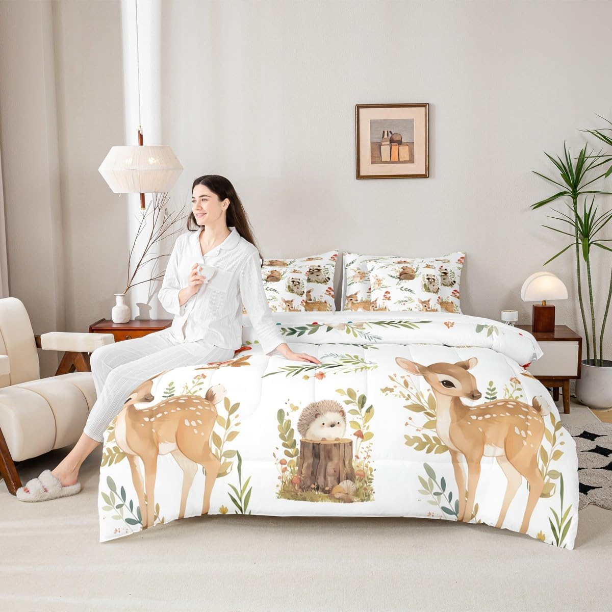 Erosebridal Kids Cute Bear Deer Comforter Set with Sheets Full Size 7 Pieces Woodland Animals Bedding Set Rabbit Hedgehog Raccoon Jungle Animal Bed in A Bag Zoo Animals Bed Sets for Boys Girls