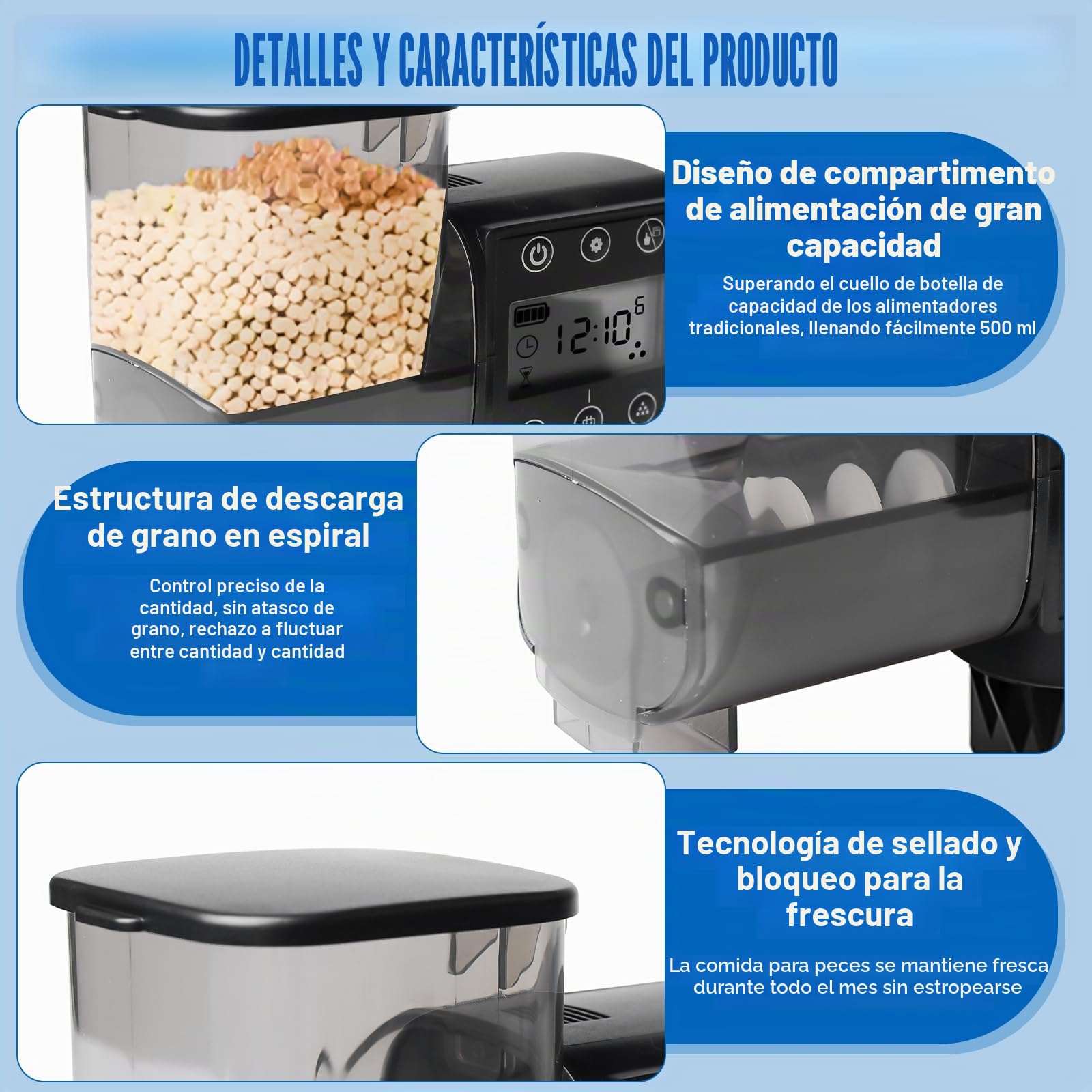 Comedero automático para acuario, 250 ml, dispensador automático de alimentos para peces para acuarios con pilas, comedero automático para peces con recipiente para comida, alimento para peces de