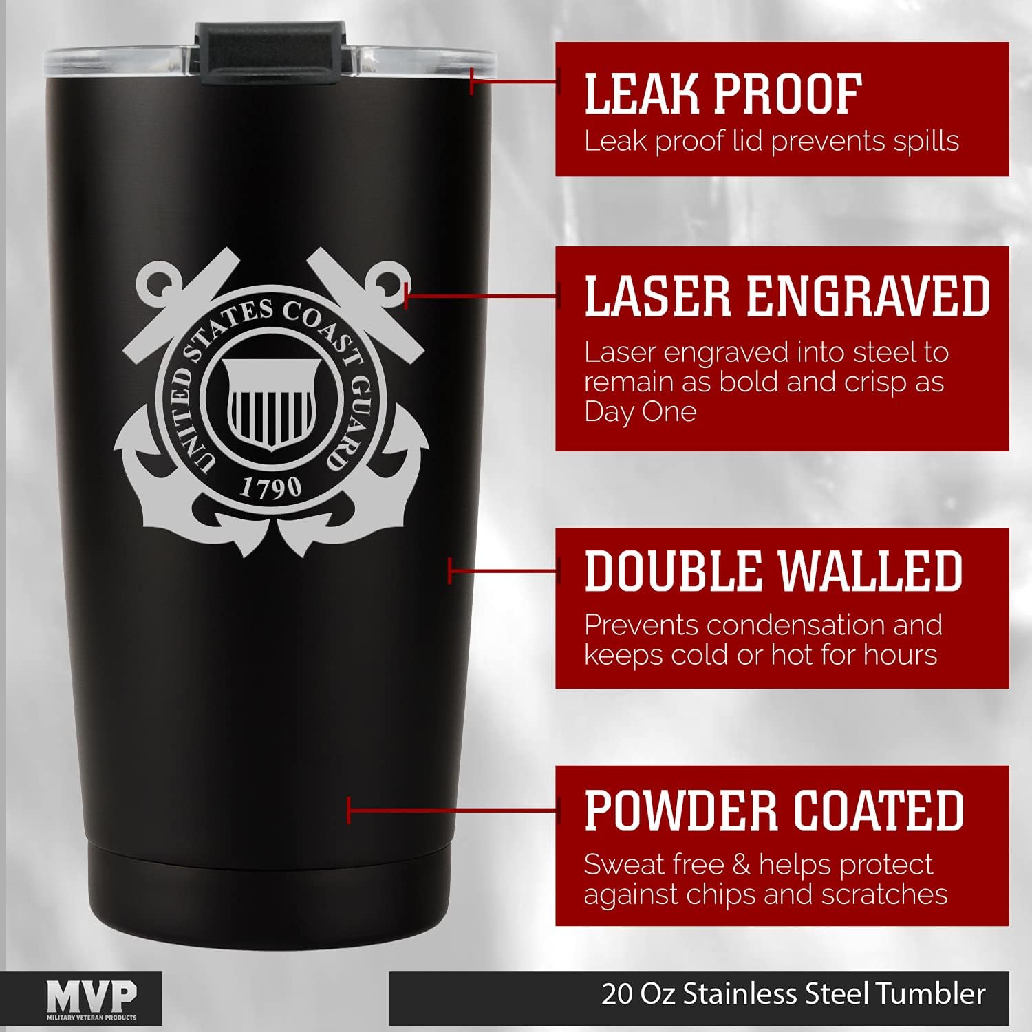 Military Gift Shop 20oz Coast Guard Tumbler, Double-Walled Insulated Steel USCG Coffee Mug with Lid | Coast Guard Gifts | Coast Guard 20oz Tumbler - Image 2