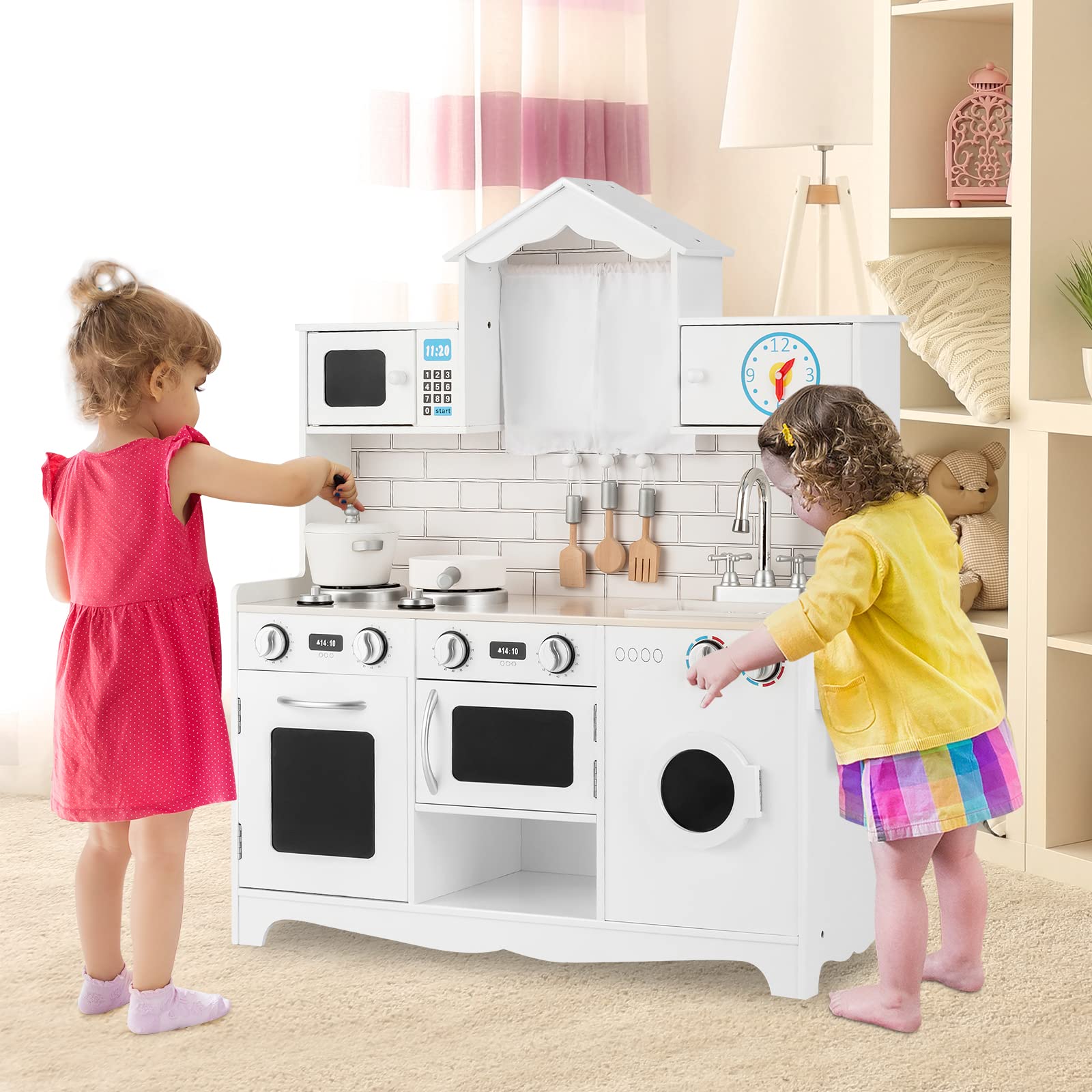 DREAMADE Kinderküche aus Holz, Spielküche mit Spielzubehör, Kinderspielküche mit Spüle Herd Backofen Mikrowelle Waschmaschine, Holzküche Spielzeugküche für Kinder ab 3 Jahren, 78 x 29 x 93 cm