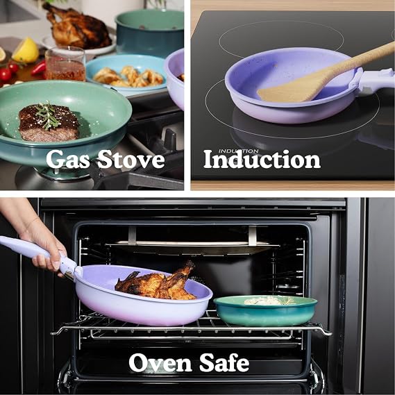 Ombre Titanium Ceramic Cookware Set Non Toxic 8 Pcs Non Stick Pots and Pans Set with Removable Handles, Magnetic Lid & Wooden Spatula for Cooking Oven & Dishwasher Safe (Catalina Blue)