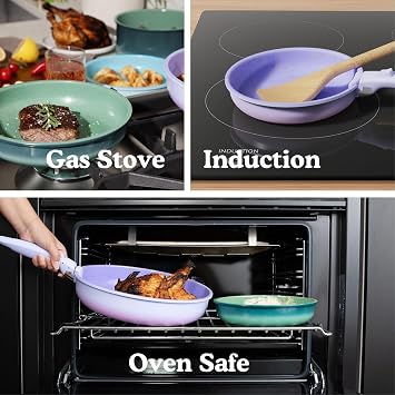 Ombre Titanium Ceramic Cookware Set Non Toxic 8 Pcs Non Stick Pots and Pans Set with Removable Handles, Magnetic Lid & Wooden Spatula for Cooking Oven & Dishwasher Safe (Catalina Blue)