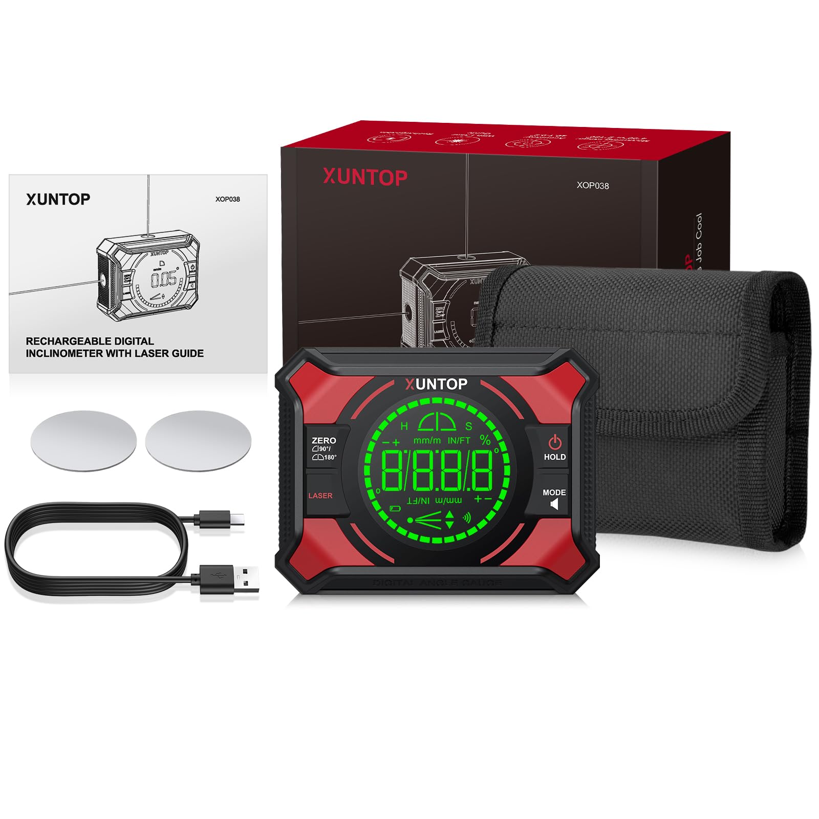 XUNTOP Digital Level Box Laser Digitale 3 in 1, Inclinometro Magnetico Ricaricabile con Livella a Croce, 4x90° e 2x180° Campo Misura, Precisione ±0.1°, Display LCD, per DIY, Falegnameria, Costruzione