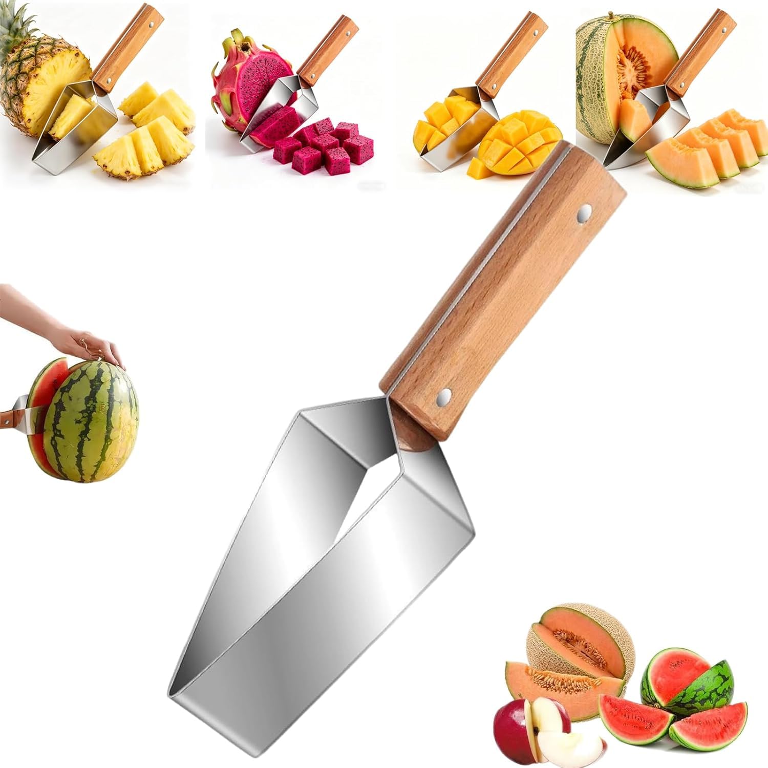 Coupe-Pastèque Triangle Acier Inoxydable Manche Bois Trancheur Melon Cuisine Camping