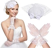 2Pcs 50s Vintage Fascinator Hats with Mesh Feather & Short Gloves for Women - Tea Party, Wedding, Retro Costume Accessories