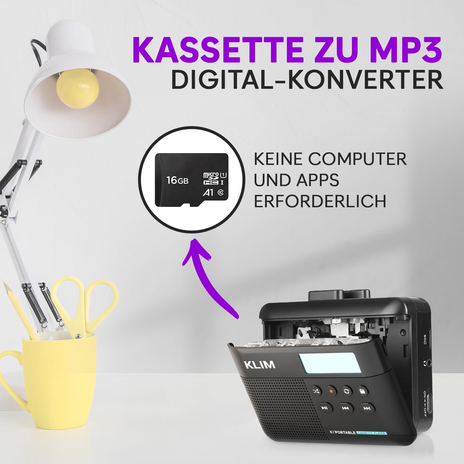 Kassettenspieler mit F1-Ohrhörern - Cassette Player - Kassetten Digitalisieren - Tragbarer Kassettenrekorder - Mikrofon & Lautsprecher - Wiederaufladbarer Akku - 16GB SD-Karte - Schwarz