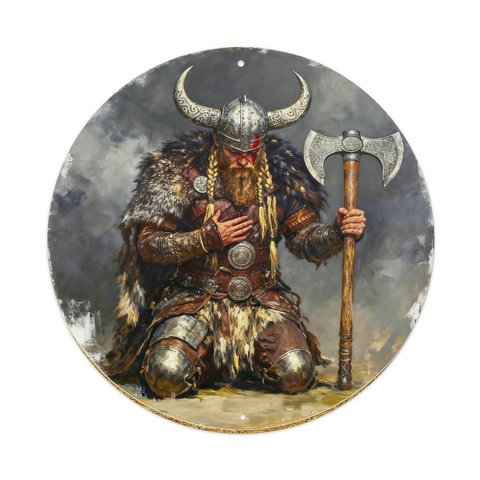 Viking Warrior With Axe And Helmet Round Tin Sign Vintage Metal Sign Home Bar Garden Indoor & Outdoor Wall Decor Retro Metal Poster 8x8 Inch