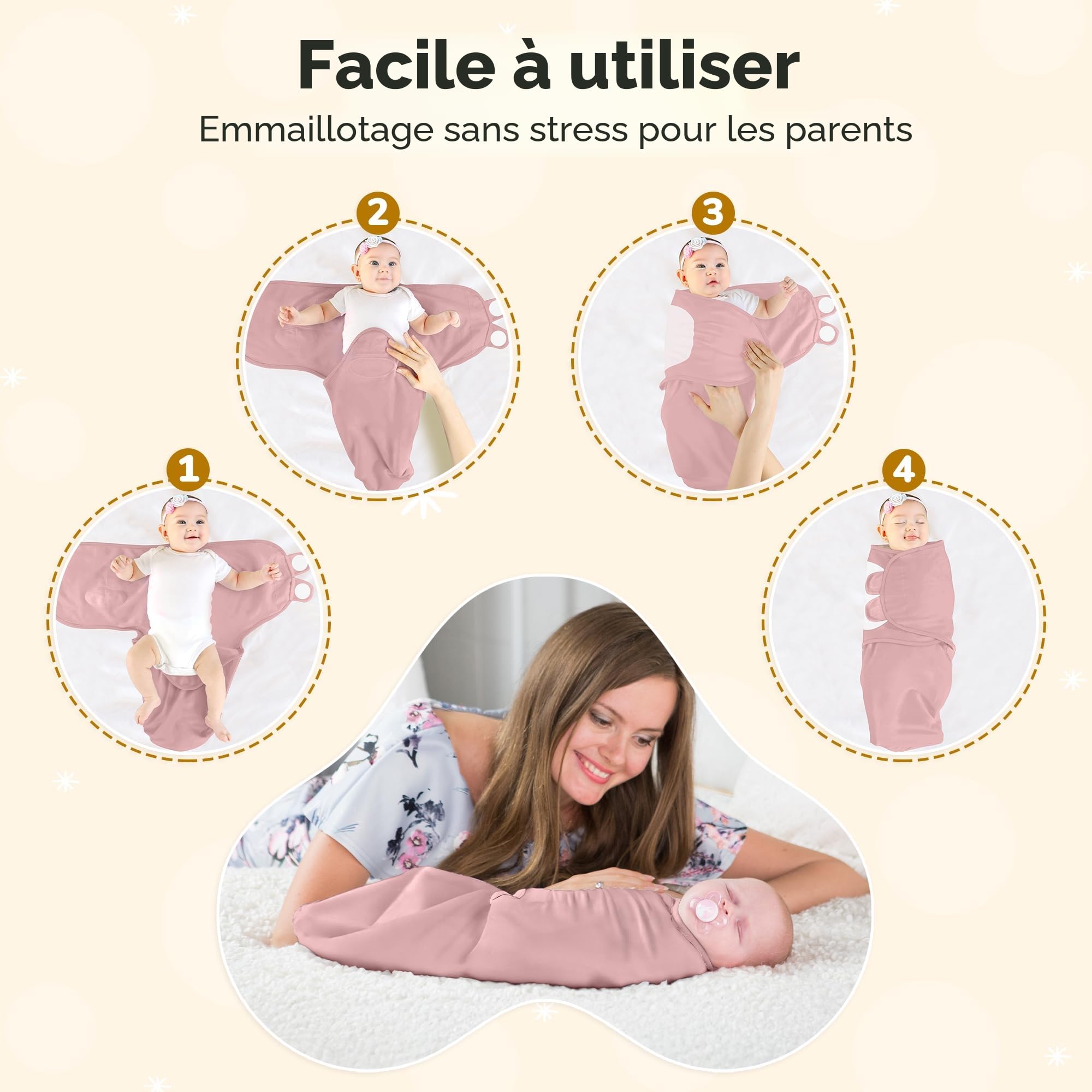 Mama Cheetah – Lot de 4 couvertures d’emmaillotage en Coton Bio pour bébé, Langes Ajustables faciles à Utiliser pour garçon et Fille de 0 à 3 Mois, Essentiels pour Nouveau-né