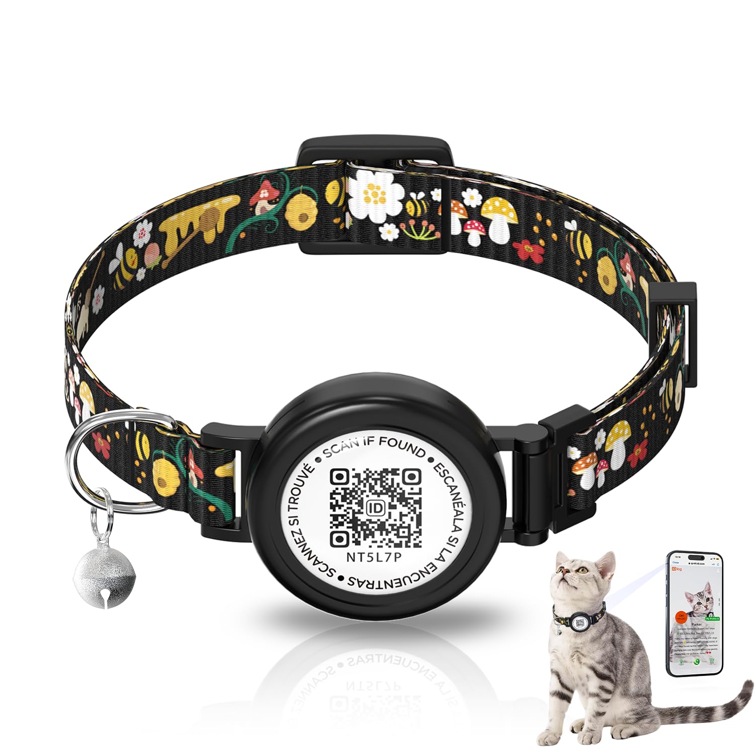 AmxminaID Cat Collar Breakaway with Bells Airtag Holder,Kitten Collar with QR Code ID Tag,Soft Polyester (Black)