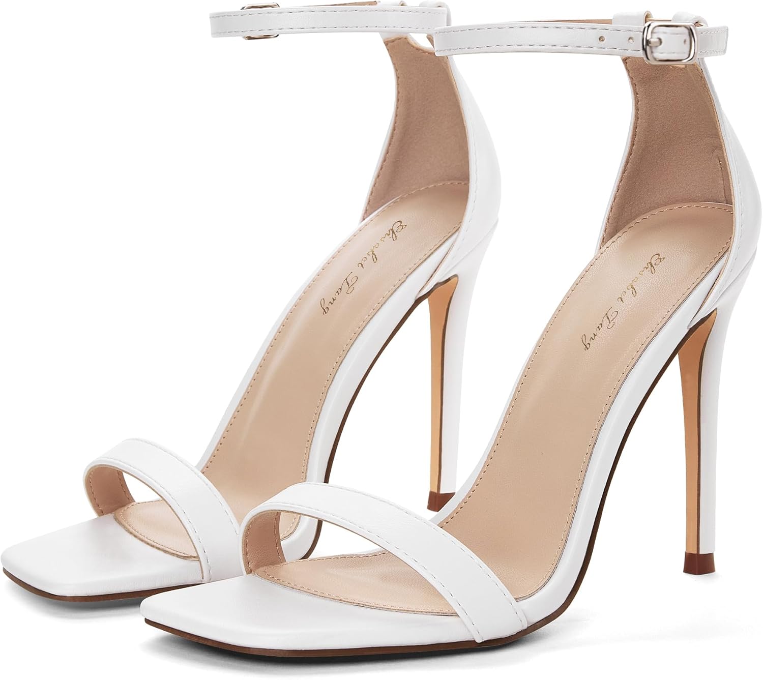 Elisabet Tang Women's Stiletto Heels Square Open Toe Ankle Strap High Heeled Sandals 4 Inch Comfort Sexy Dressy Shoes