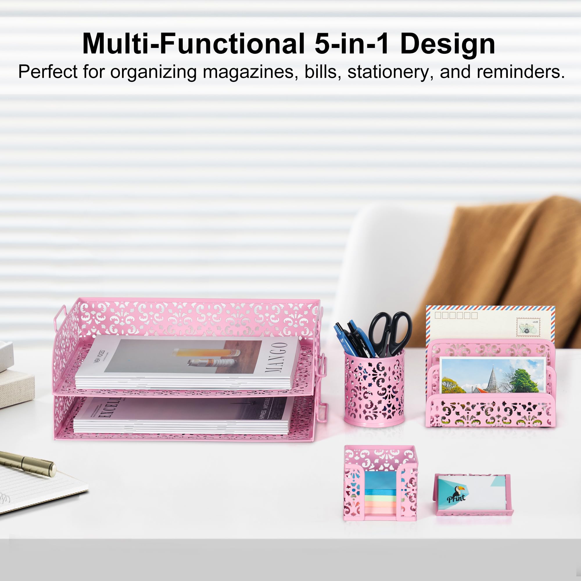EasyPAG - Organizer da scrivania 5 in 1, 2 ripiani, impilabile, portapenne, porta biglietti da visita e porta banconote Oro rosato