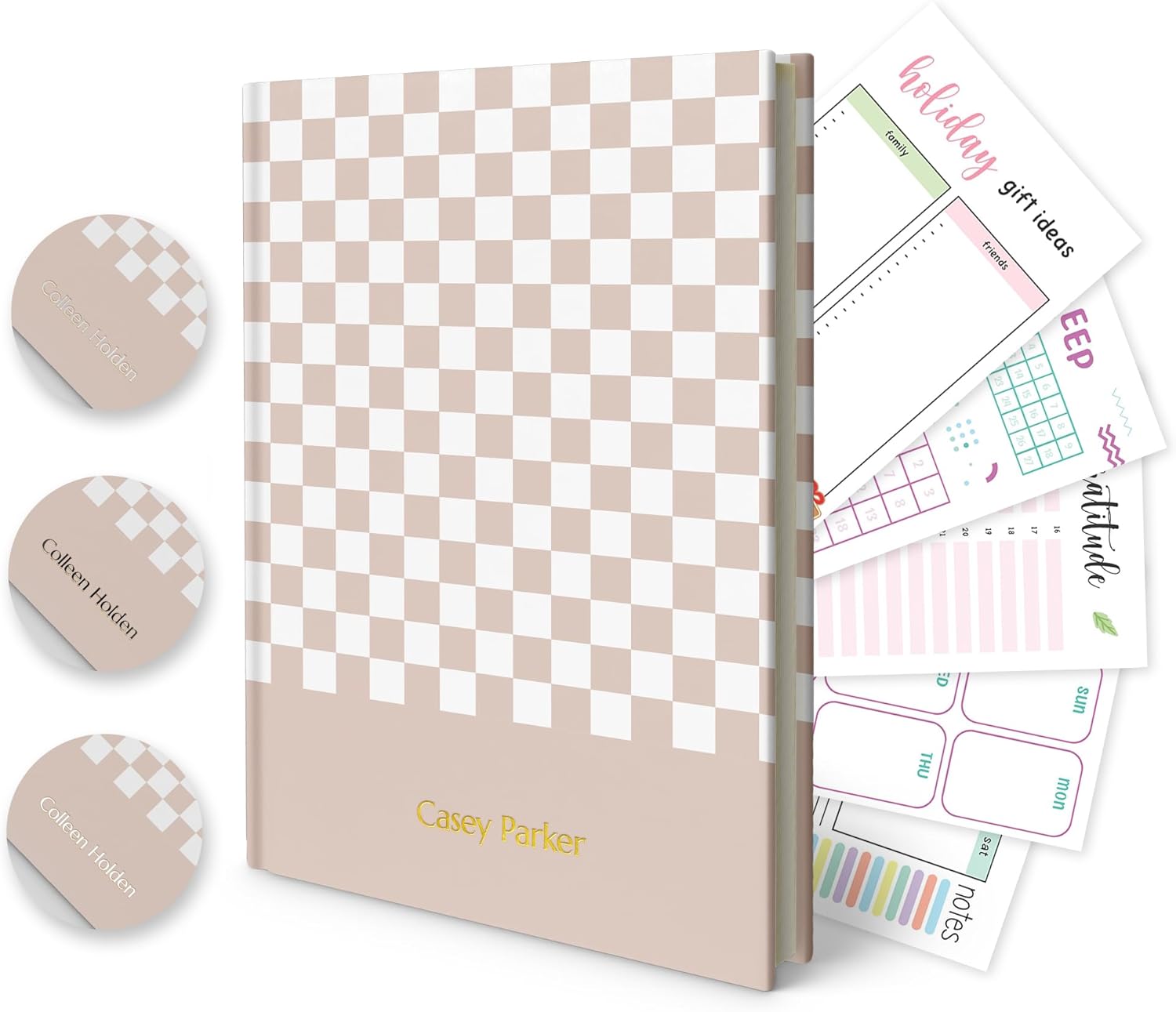 Promot Personalized Undated Planner - Custom Gold Foil Name, Stylish Hardbound Cover, 120 GSM Paper, Perfect Journal for your Wellness Journey, Productivity & Organization - Taupe