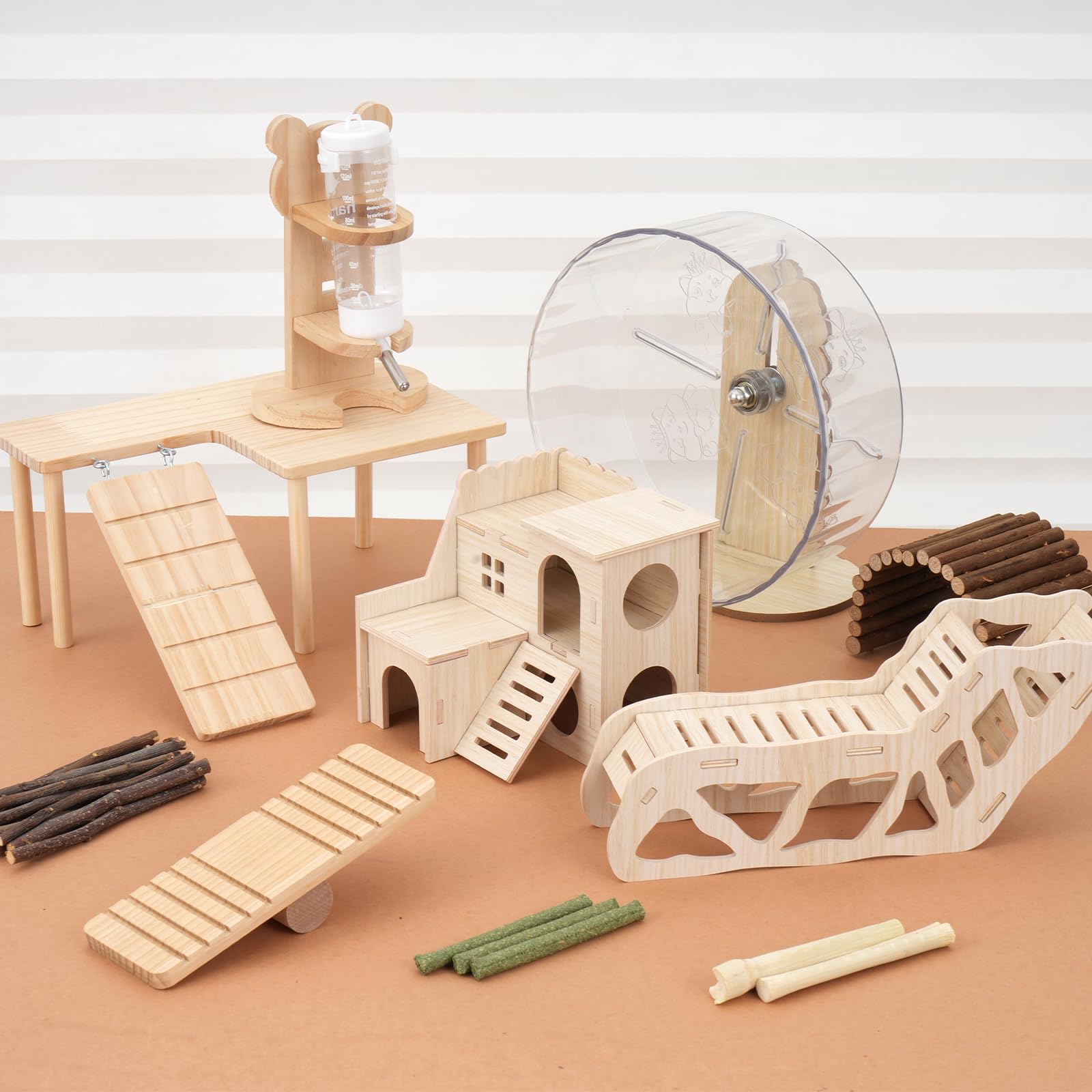 Hamsterspielzeug Komplettset - Geräuschloses lautloses Laufrad, Labyrinth-Holzhaus, Ständer, Kauspielzeug & Wasserflaschenkäfig-Zubehör für Hamster, Ratten, Mäuse, Kleintier-Lebensraum