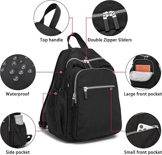 DOKUDOKU Small Nylon Backpack Mini Casual Daypack Lightweight Backpack for Women (BLACK)