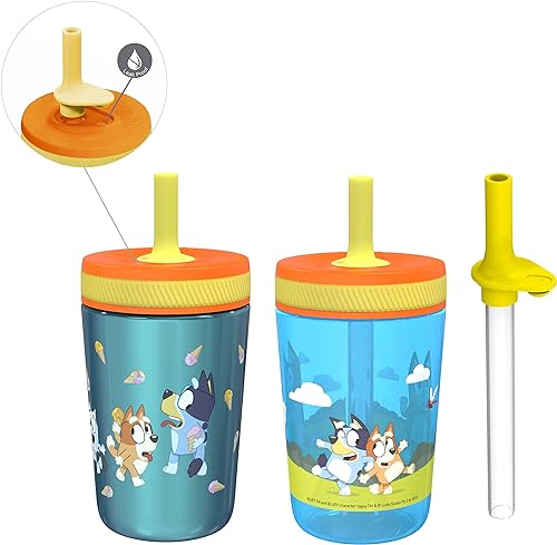 Zak Designs Bluey Kelso - Juego de vasos con tapa de rosca a prueba de fugas con popote, paquete para niños, incluye vasos de plástico y acero Azul