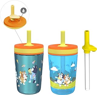 Zak Designs Bluey Kelso Tumbler Set, 15 fl.oz. Leak-Proof Screw-On Lid with Straw, Bundle for Kids Includes Plastic and Stainless Steel Cups with Bonus Sipper, 3pc Set, Non-BPA