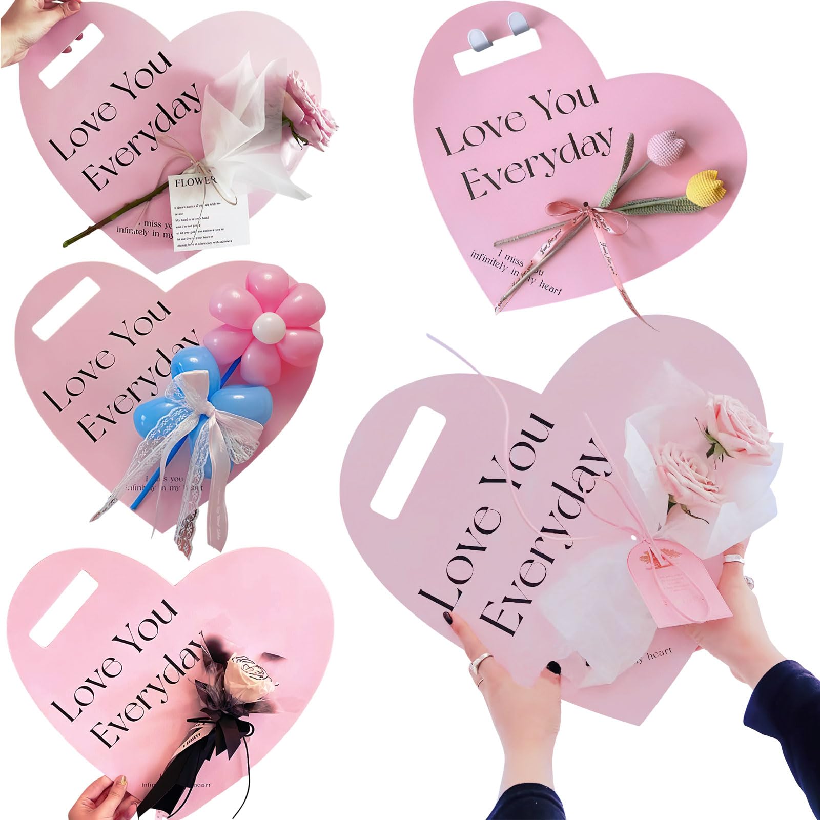 Ylapagne 5 PCS Valentine's Day Handheld Flower Wrapping Box Heart Shaped Flower Tote Single Rose Bouquet Packaging Floral Boxes for Valentine's Day