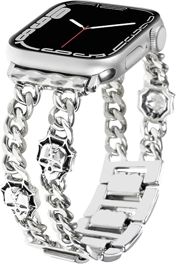Cuban Chain Band Compatible with Apple Watch Bands Women Men 46 49 45 44 42 41 40 38mm,Cowboy Metal Link with Retro Cross Skull Module Wristband for iWatch Series 10 9 8 7 6 5 4 3 2 SE Ultra 2