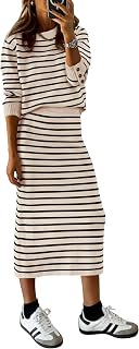 PRETTYGARDEN Women's 2-Piece Striped Sweater Skirt Set with Back Slit