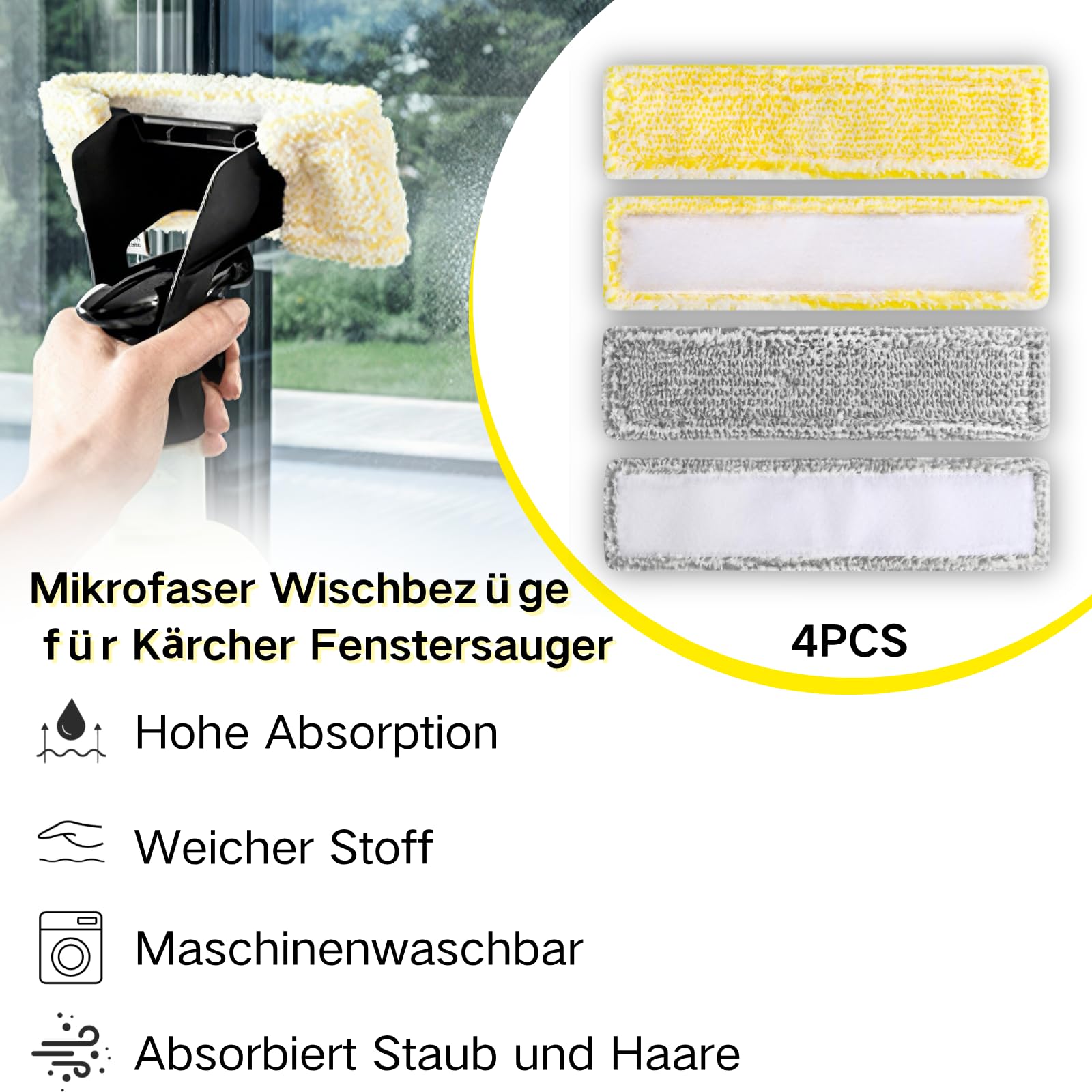6 Stück Zubehör passend für Kärcher Fenstersauger: 4 Stück Mikrofaser-Wischbezüge und 2 Stück Ersatz-Gummilippen, Fensterreiniger Ersatzteile Kompatibel für Kärcher Fenstersauger WV6 WV6 Plus WV7