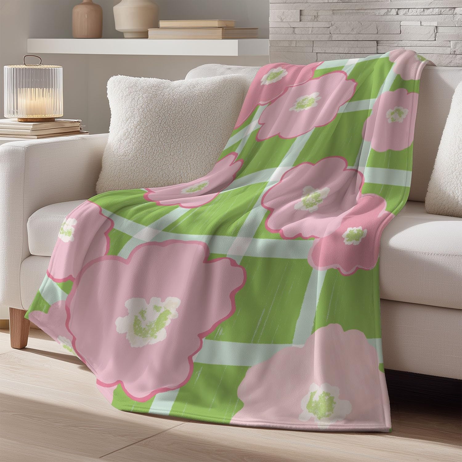 Koc flanelowy 180 cm x 200 cm miękki i lekki minimalistyczny wzór kreskówkowy kwiaty w kratkę dla dorosłych, zielony i różowy, idealny do dekoracji sofy