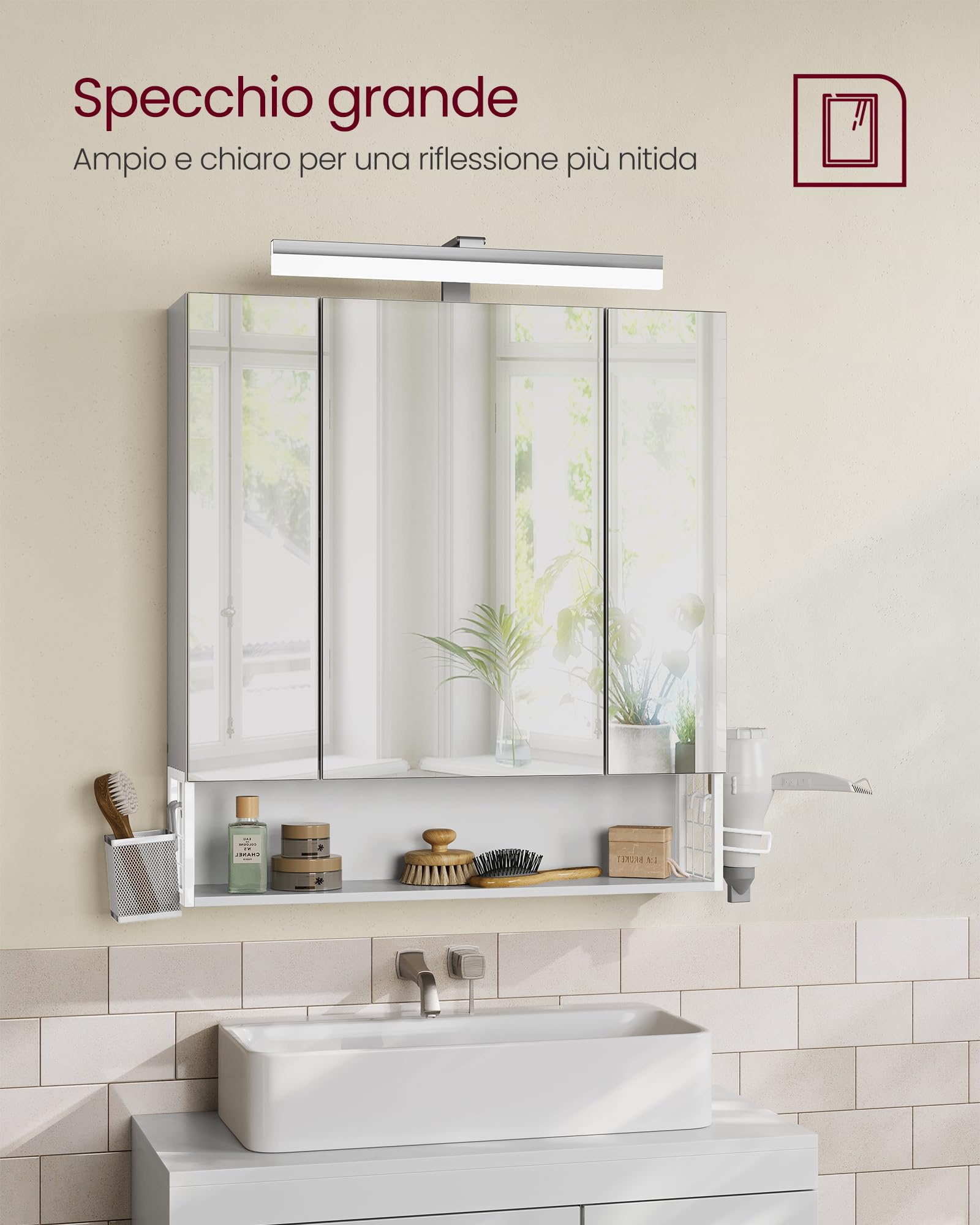 VASAGLE Mobile da Bagno con Illuminazione LED, 16,5 x 70 x 75 cm, Cestino Sospeso, Supporto per Asciugacapelli, per Lavabo, Bianco Nuvola BBK126W01