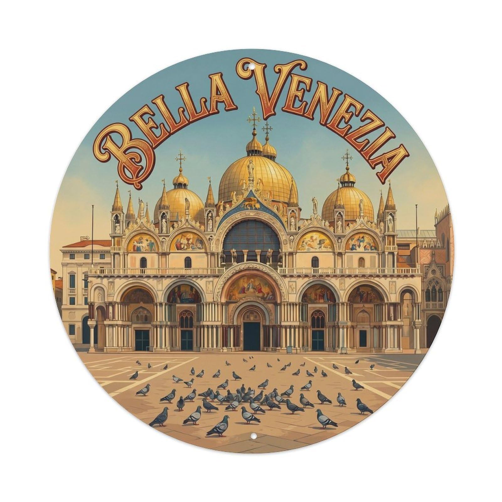 Classic Venice Cathedral Basilica Architecture Italy Tourism Metal Tin Sign Plaque Wall Decor for Cafe, Man Cave, Club Bar, Office, Home Garden Round Metal Poster 8x8Inch