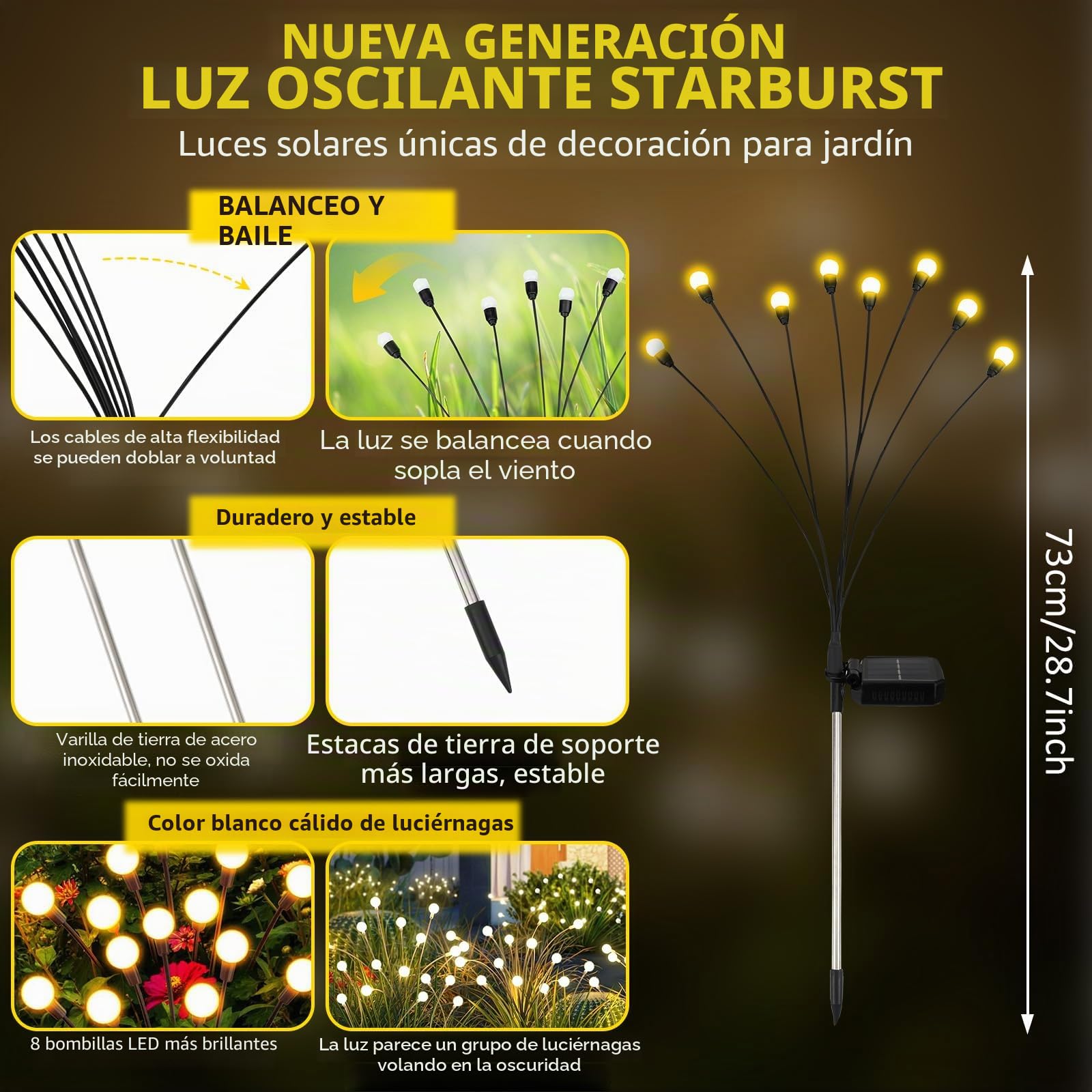 Luces Solares Led Exterior Jardin, 4 Piezas 8 LEDs Luces Solares de Luciérnaga, Altura Regulable, Múltiples Modos Disponibles, IP65 Impermeable Luz Solar Exterior Jardin para Patio Aceras Balcón