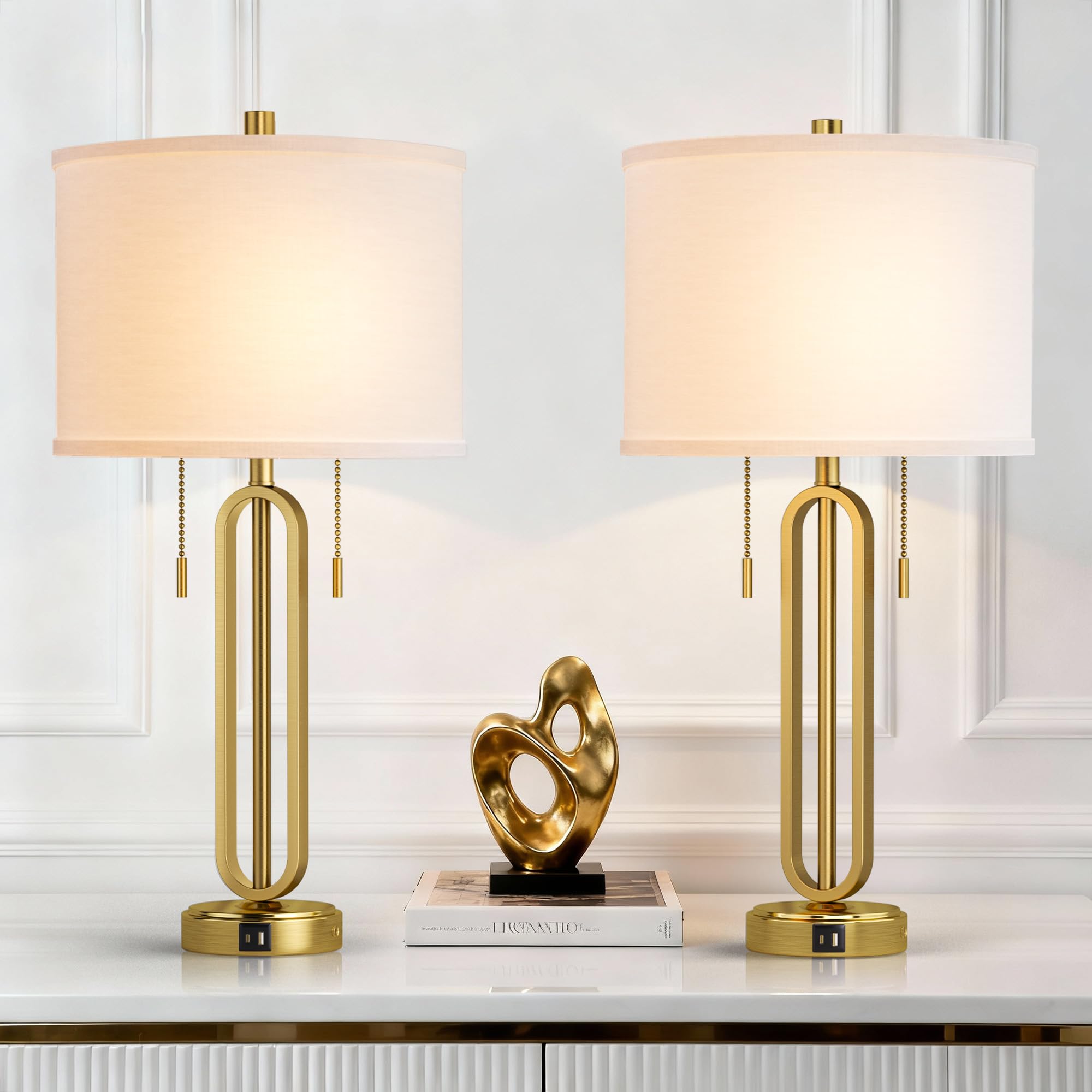 26 5 Set of 2 Industrial Table Lamps with USB C A Ports Gold Metal Bedside Lamps Pull