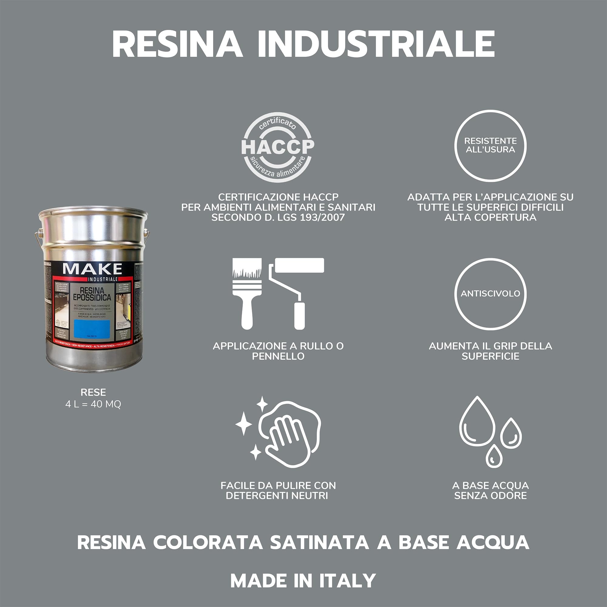 MAKE DESIGN FOR YOU | Resina Epossidica Industriale per Pavimenti, 4 litri, Grigio Scuro, Opaca. Prodotto Certificato HACCP. Resistente a Urti, Graffi, Facile Applicazione e Pulizia. Made in Italy.