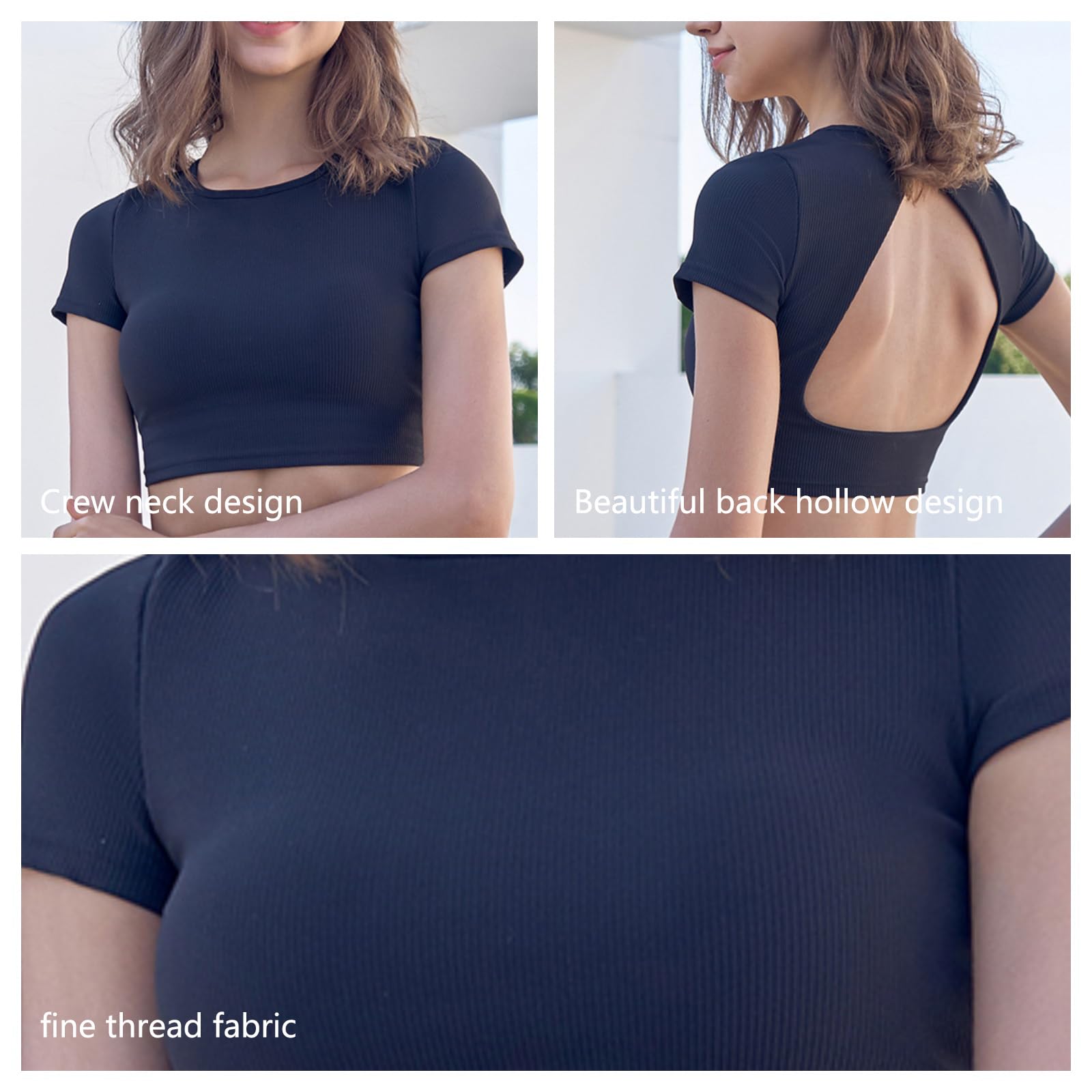 Top Sportivo Da Donna Slim Fit Back Cutout Yoga Top Corto Maniche Corte Pad Pettorale Rimovibile Incorporato,Nero,M