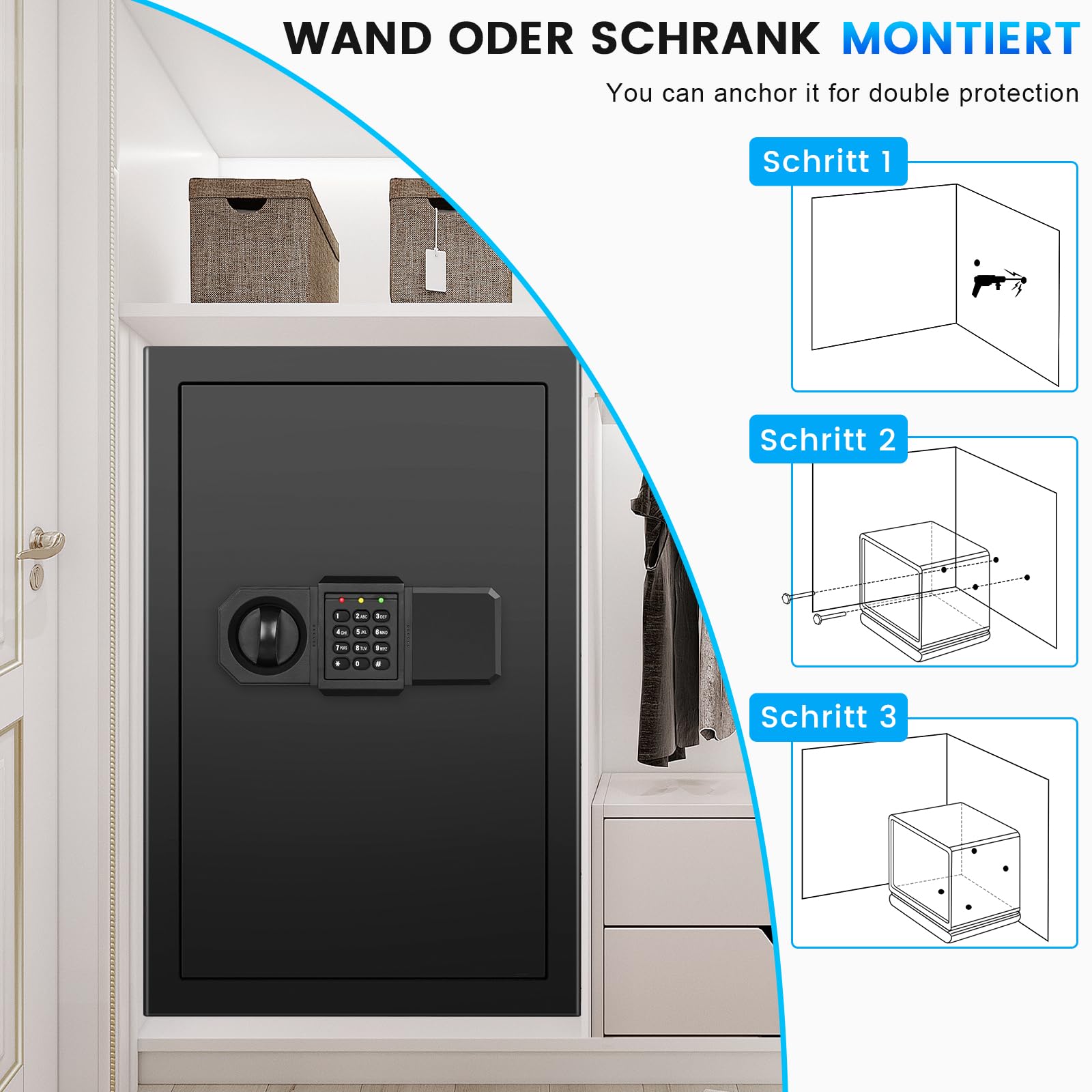 70L Extra Großer Safe Tresor für Zuhause, Feuerfester Tresor mit Schlüssel, Abnehmbares Regal und Stummschaltfunktion, Anti-Theft Tresore für Geld, Dokument, Medizin and Wertgegenstände