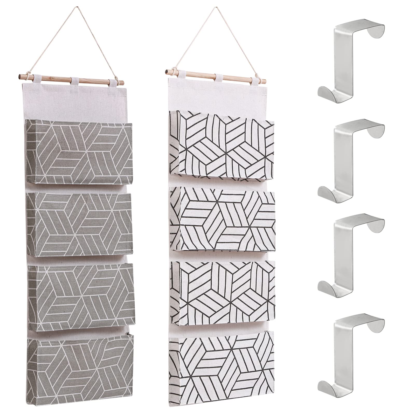 FAYYGYH 2Pcs 4 Big Pockets Over Door Hanging Storage Bags,Wall Mount Closet Organizer Linen Cotton Fabric Multi Functional Living Room Bedroom Bathroom File Magazine Holders Free Hooks