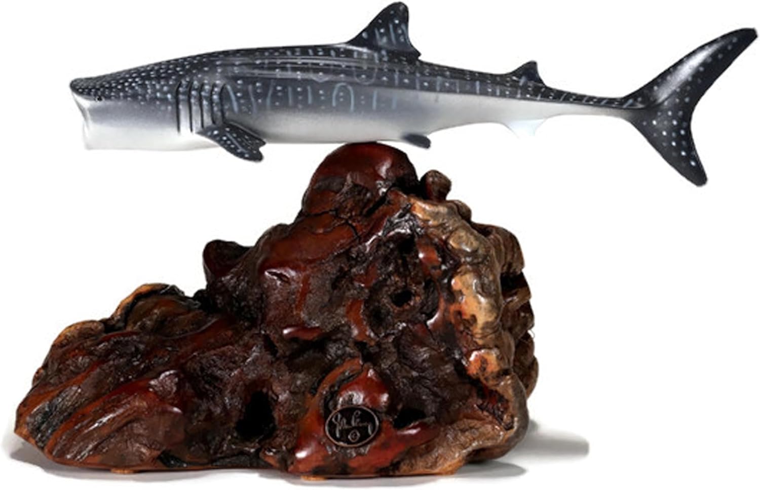 Whale Shark by John Perry Sculpture on Polished Burlwood Base 9in Long. Signed