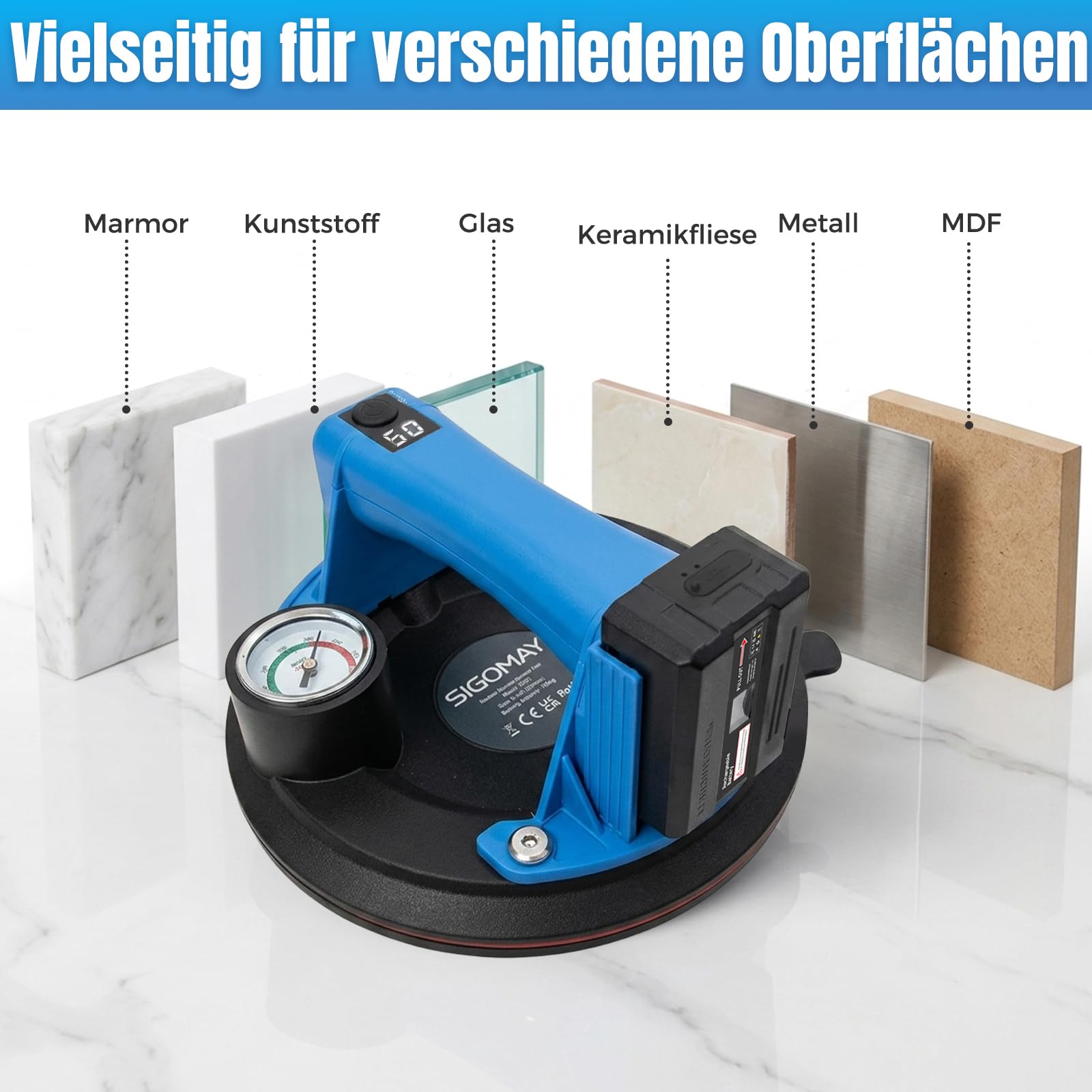8" Akku Saugheber für Fliesen 130kg, Elektrischer Vakuumheber mit Metall-Manometer & LCD-Display, 2x Digital-Akkus (USB-Ladung), Saugheber für Glas und Glatte Oberflächen