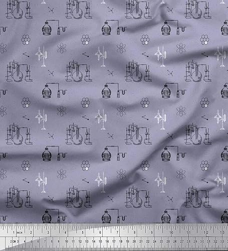 Soimoi - Tela de popelín de algodón azul para equipos científicos de laboratorio, tela impresa temática educativa, 8.3ft de ancho
