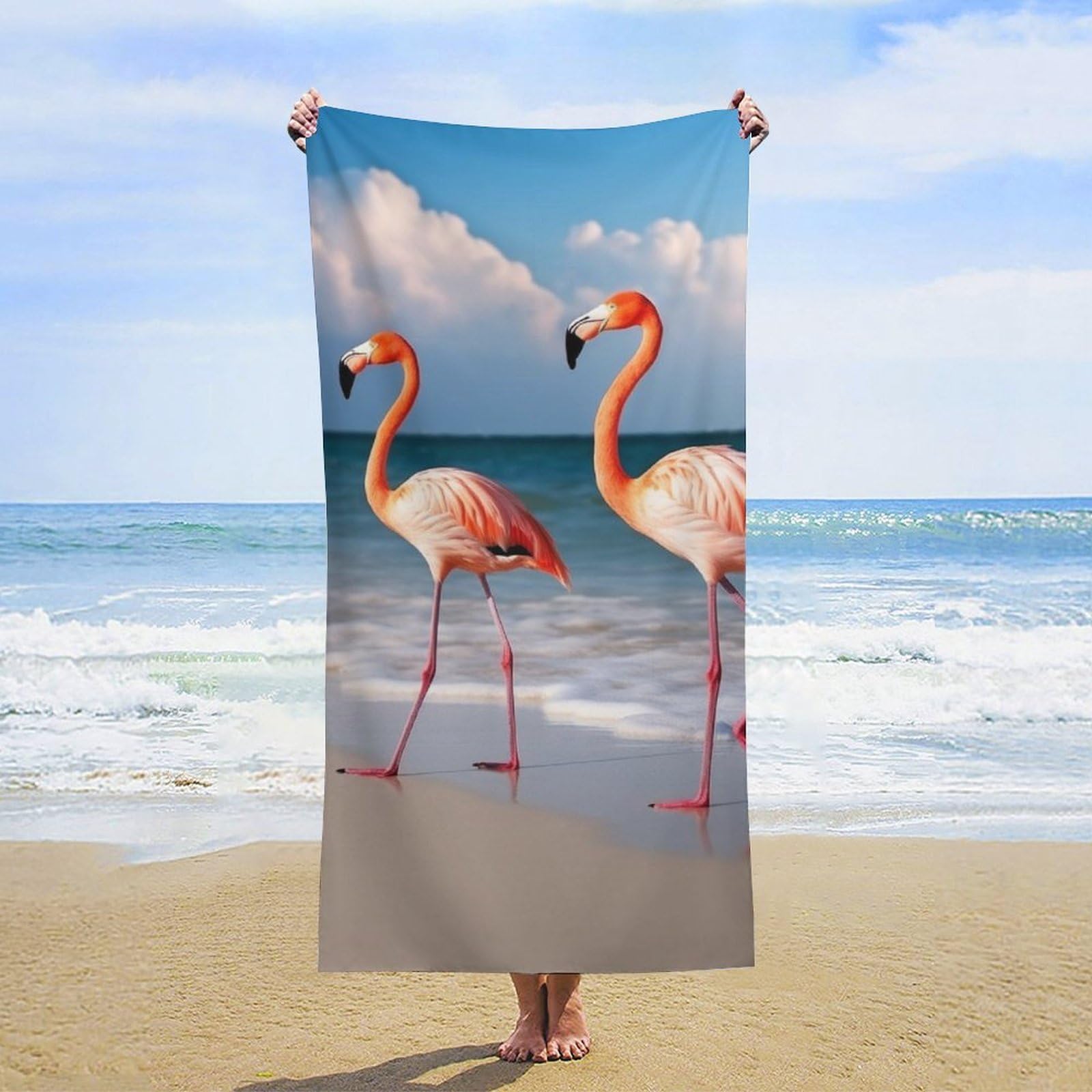 NTVOWPZO Flamingo On The Beach Beach Towel Oversized Microfiber Bath Towels Lightweight Sand Proof Beach Towels Absorbent Pool Towels for Swimming Yoga Bathroom Towel 31.5" X 63"