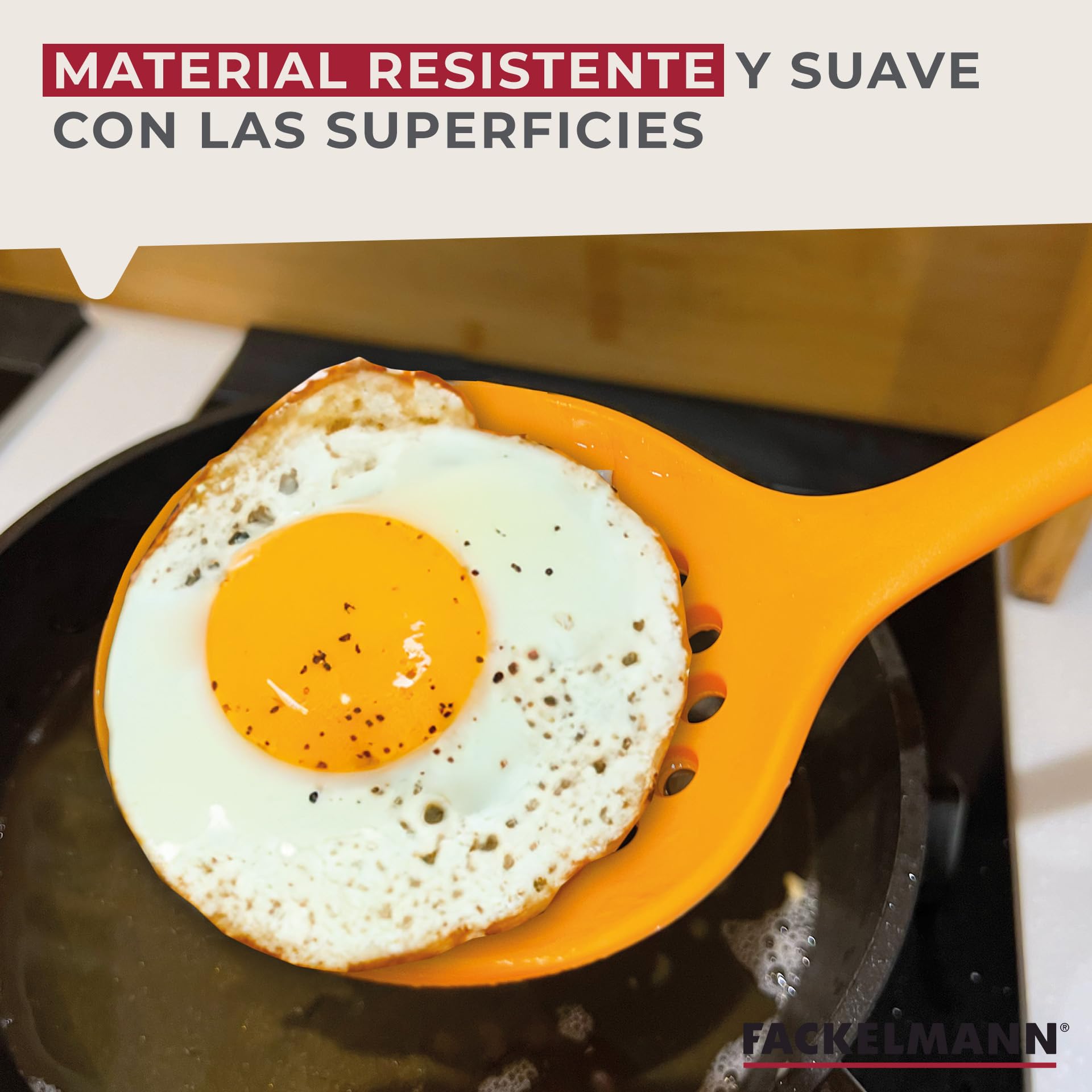 Fackelmann Espumadera de Cocina, Óptima para Freír, Silicona de Tacto Suave, Apta para Sartenes y Ollas con Revestimiento, Resistente hasta 230ºC, Apta para Lavavajillas, Color Naranja, 29x7 cm, 1 ud.