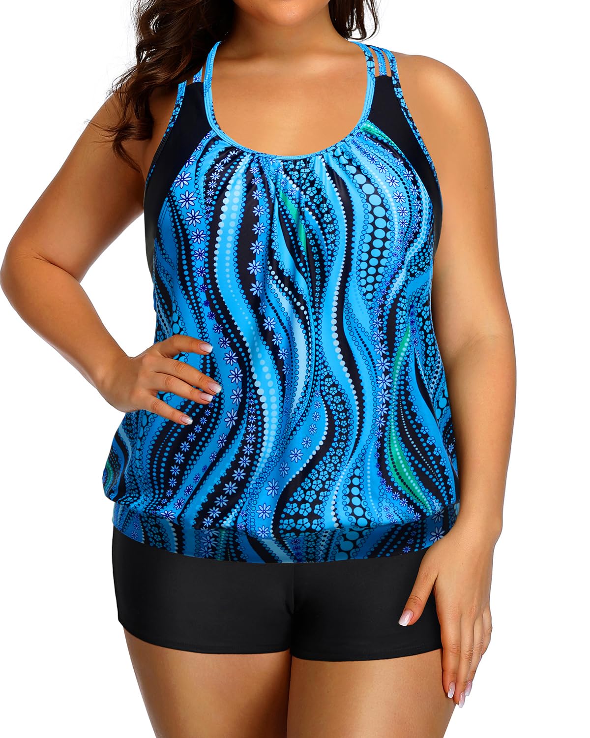 Holipick Tankini in Übergröße für Damen, zweiteilig, Bauchkontrolle, Blouson Racerback Tankini Top mit Shorts | Blouson Racerback Tankini Top mit Shorts, Double Up Design, herausnehmbares Pad