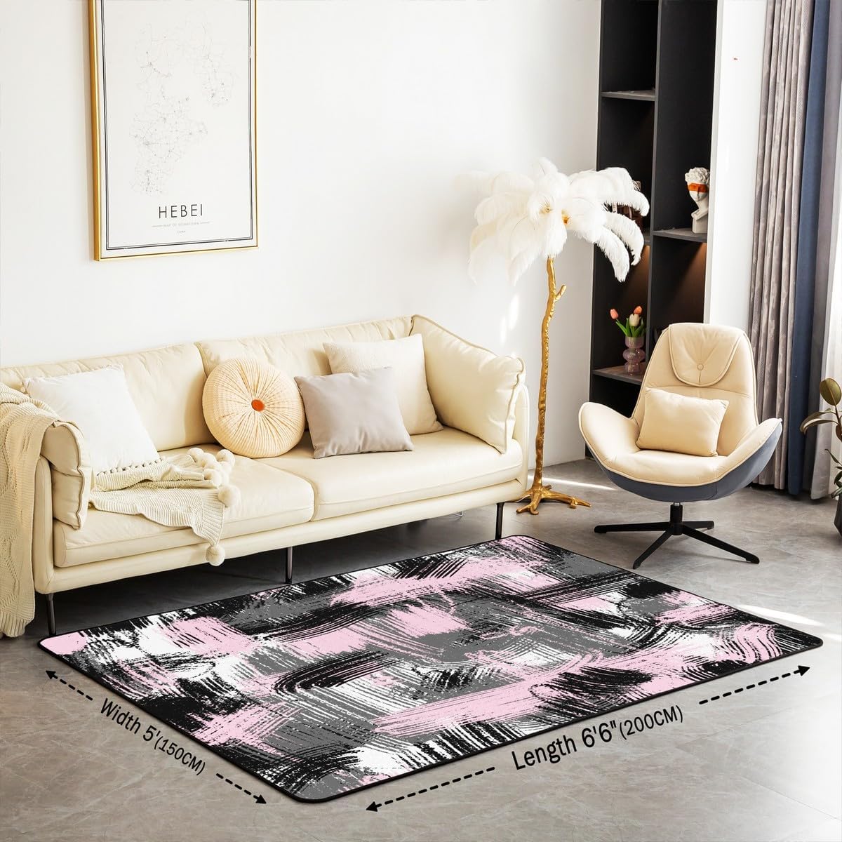 jejeloiu Pink Black and Grey Kids Living Room Rugs for Bedroom Area Rug 5x7 Abstract Art Living Room Rugs for Bedroom Stripes Decorative Rug Accent Rug