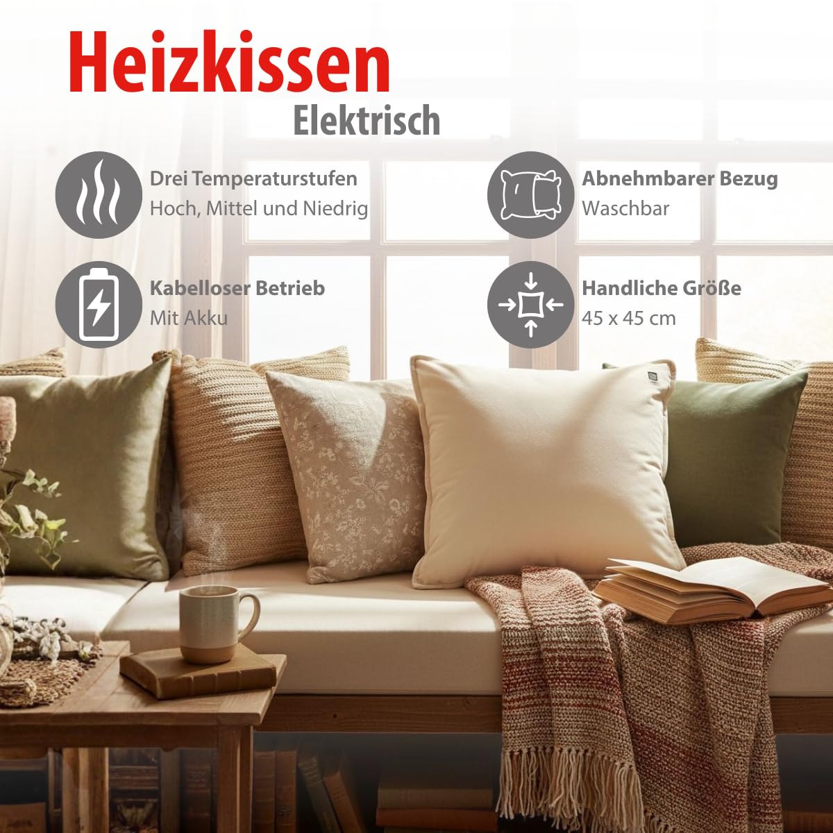 alpina Heizkissen Kabellos mit Powerbank – Wärmekissen Elektrisch mit 3 Heizstufen – Fleecebezug Abnehmbar und Waschbar – 45x45cm – Beige