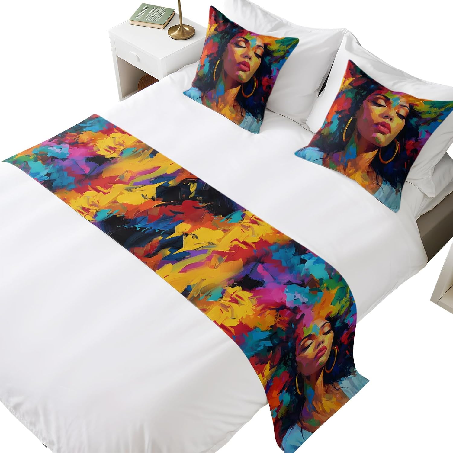 African Women Bed Runners for King Size Bed, Abstract Colorful Girl Hair Vintage Oil Painting Bedroom Hotel Bedding Scarf Protector Beds Scarves Throw for Foot and Pillowcase Set 18x18in
