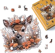 Figured'Art 200 Piece Wooden Puzzle Animals - Fawn and Flowers - Original Design 28.5 x 28.5 cm Unique Shape with Premium Wooden Box, Perfect for Giving as a Gift