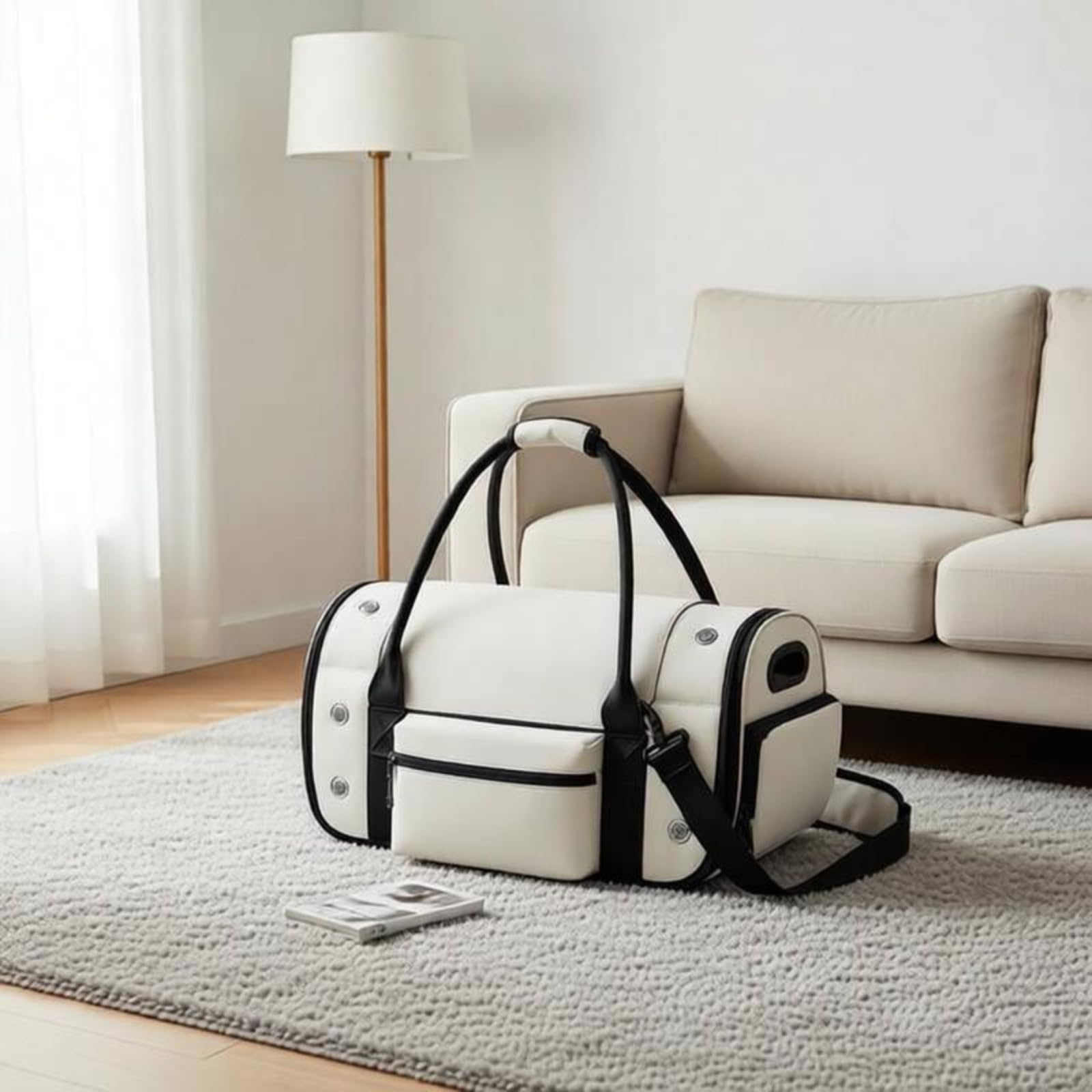 Transportín con Correa Hombro Plegable Transportadora con Correa Hombro Ventilado Bolsa Bolsillos para Perros Pequeños, Gatos, Viajes, Avión, Array, Blanco Arroz, 20 Pulgadas
