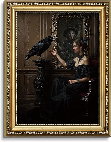 AIMAILON Vintage Framed Moody Halloween Artwork Wall Art Decor Creepy Witch Blac