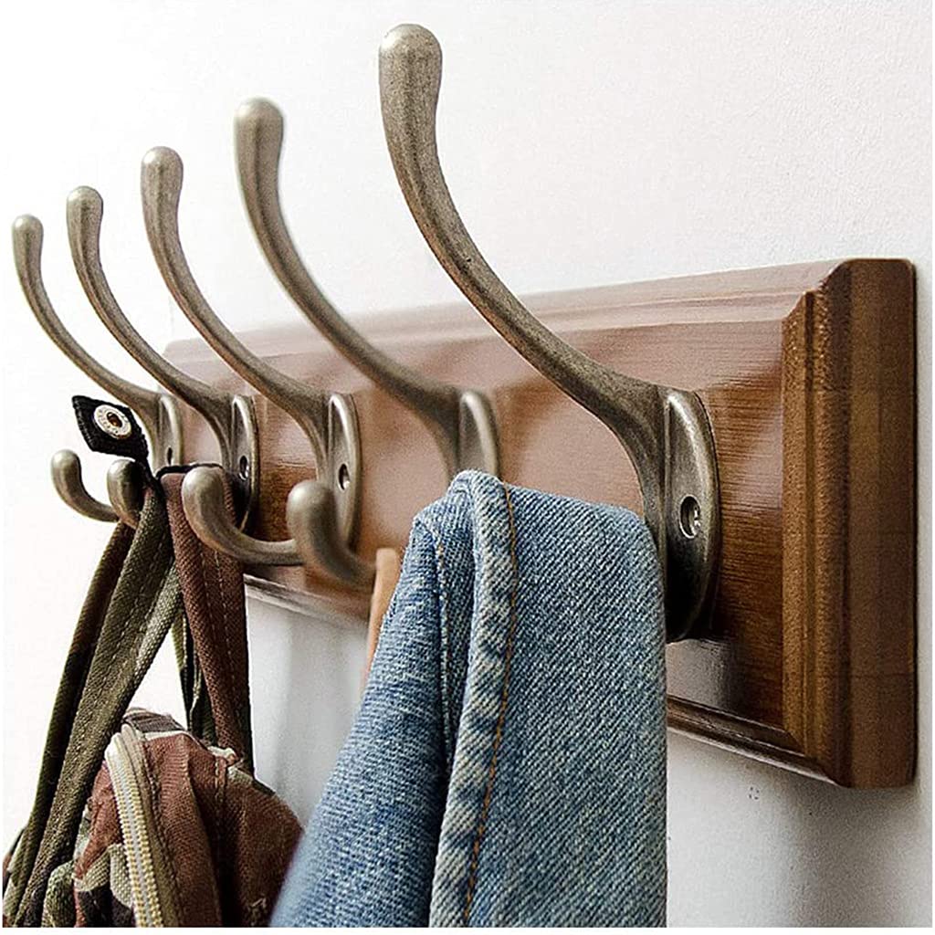 SAeWare Garderobenleiste aus Bambusholz, Wandmontage, Hut-Organizer, Kleiderbügel, Wand, rustikaler Vintage-Stil, mit Metallhaken zum Aufhängen, für Flur, Wohnzimmer, 4 Haken, 5 Haken