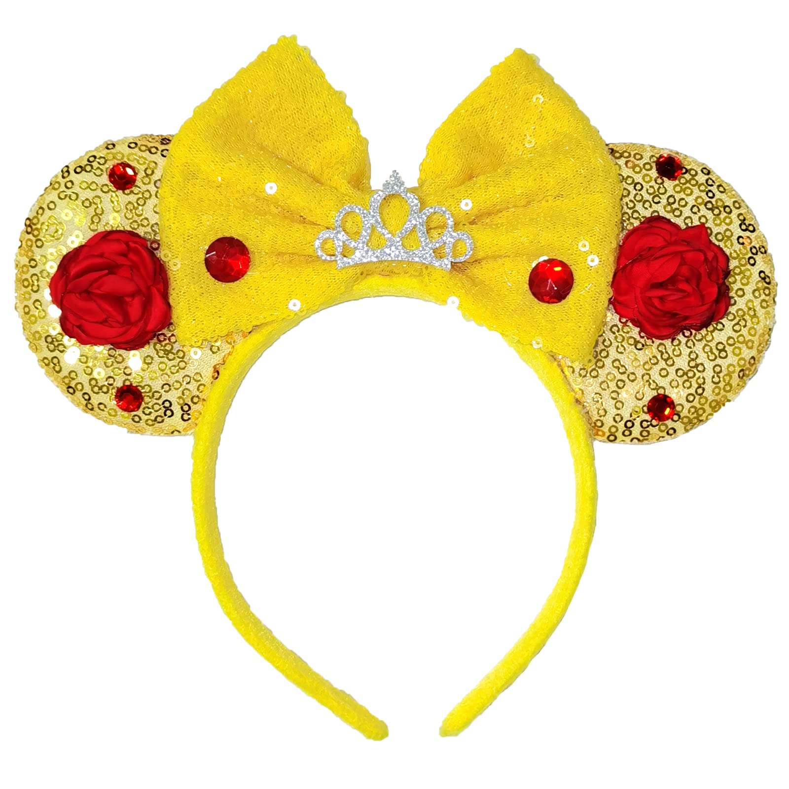 Viwind Bow Ear Headbands for Women Girls, Glitter Princess Belle Costume Hairbands with Rose for Adult, Halloween Birthday Party Favors Princess Hair