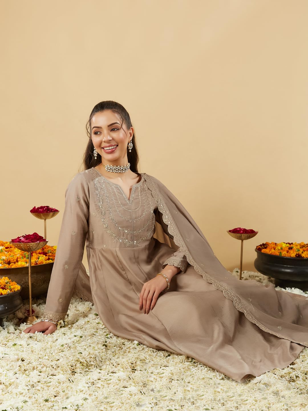 MOKOSH Women's Silk Embroidered Brown Anarkali Set (444-04-S) - Image 4 thumbnail