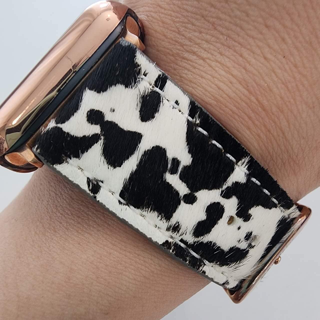 Condition photo showing New/Like New for dsaaplus luxury cowhide fur leather western strap for apple watch band 38 40 41 42 44 45 46 49mm stylish wristband for iwatch series 11 10 9 8 7 6 5 4 ultra se 3 2 1 a furry cow 38/40/41/42mm(s 10/11) silver buckle